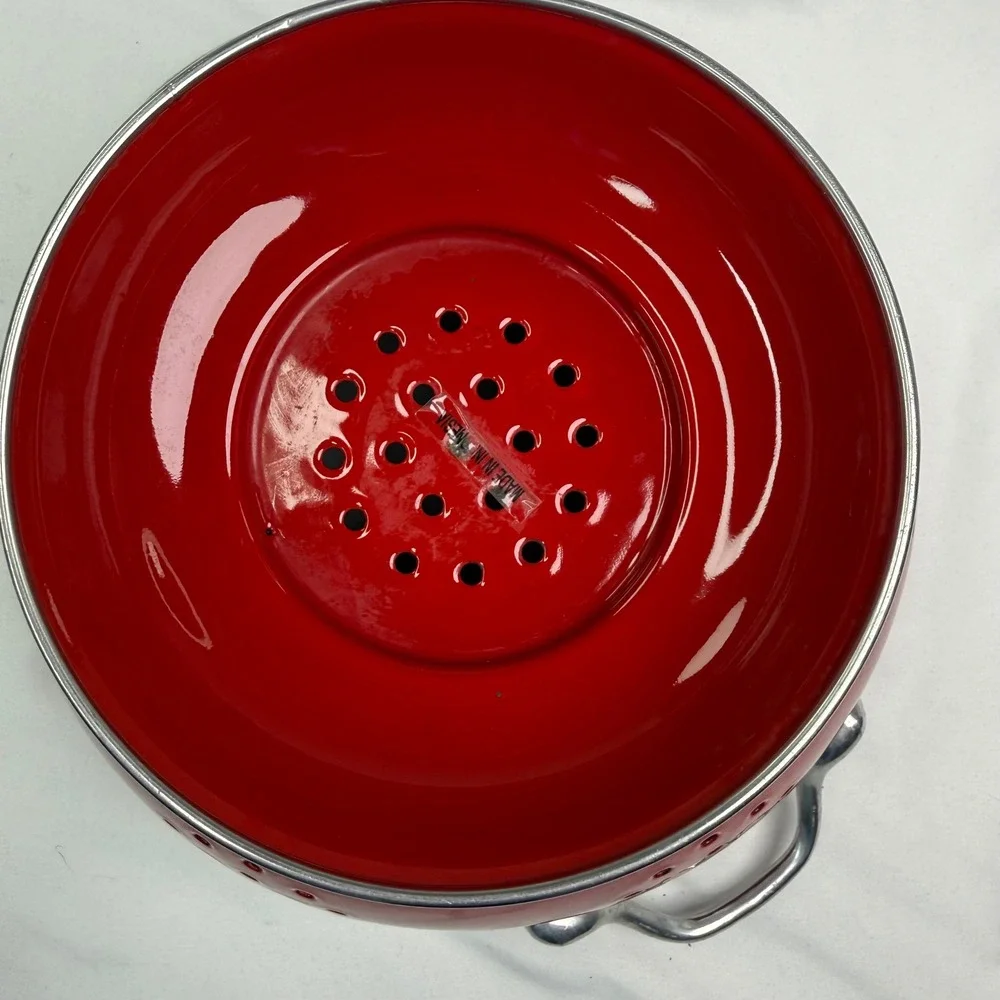Red Enamel Colander Footed Strainer with Chrome Handles 9.5 Inch Kitchen Decor